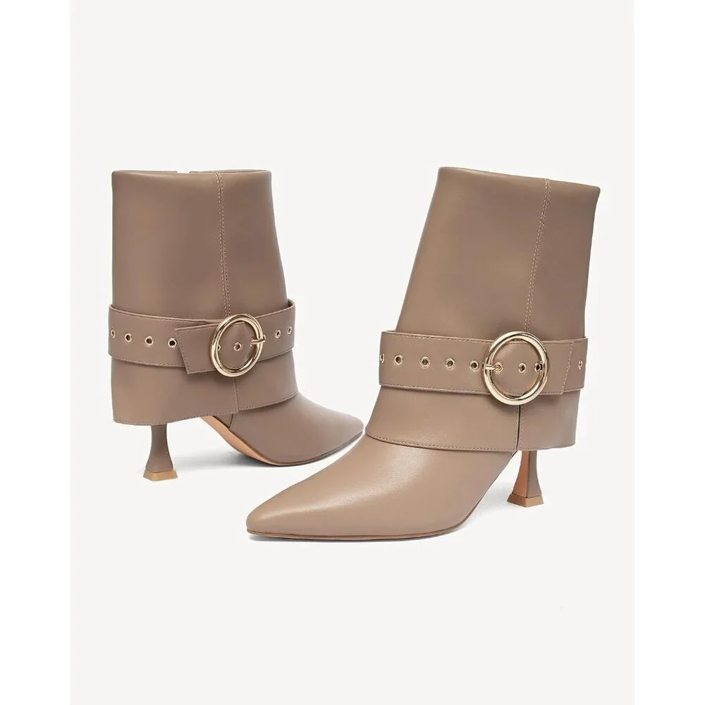 Women's Apricot Pointed Toe Ankle High Heel Short Booties With Gold Buckle Strap